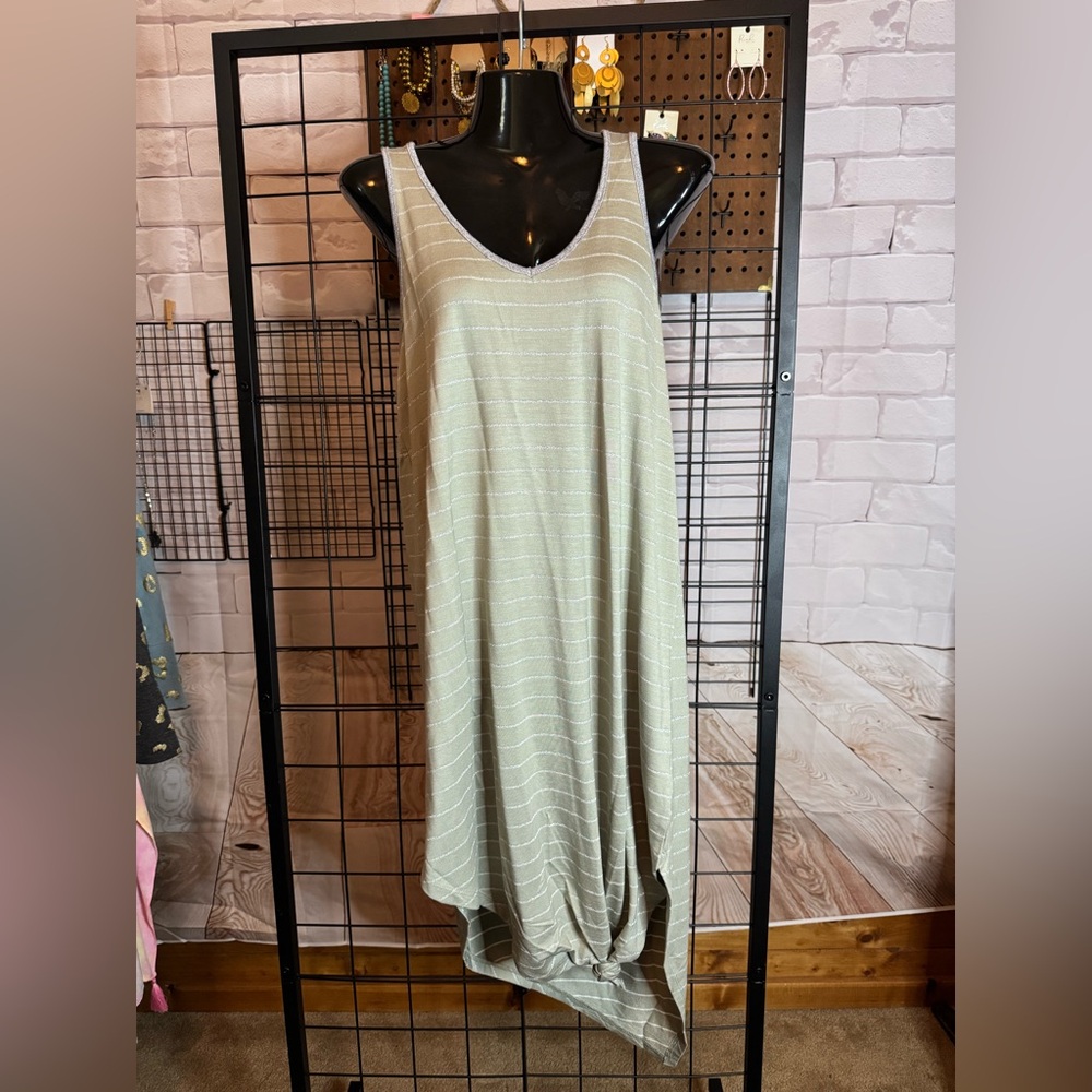 Sage with glitter stripe v bottom dress